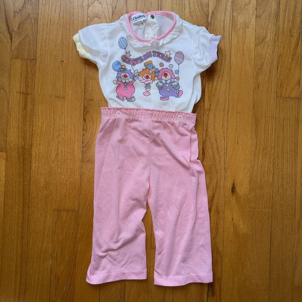 Vintage Carter's Pajama Set 2T Pink Circus Clown Ruffle Knit USA Snap Waist